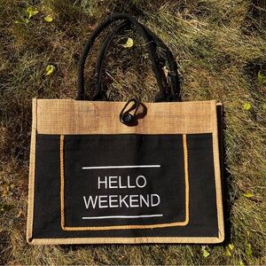 Hello Weekend Burlap Tote Bag